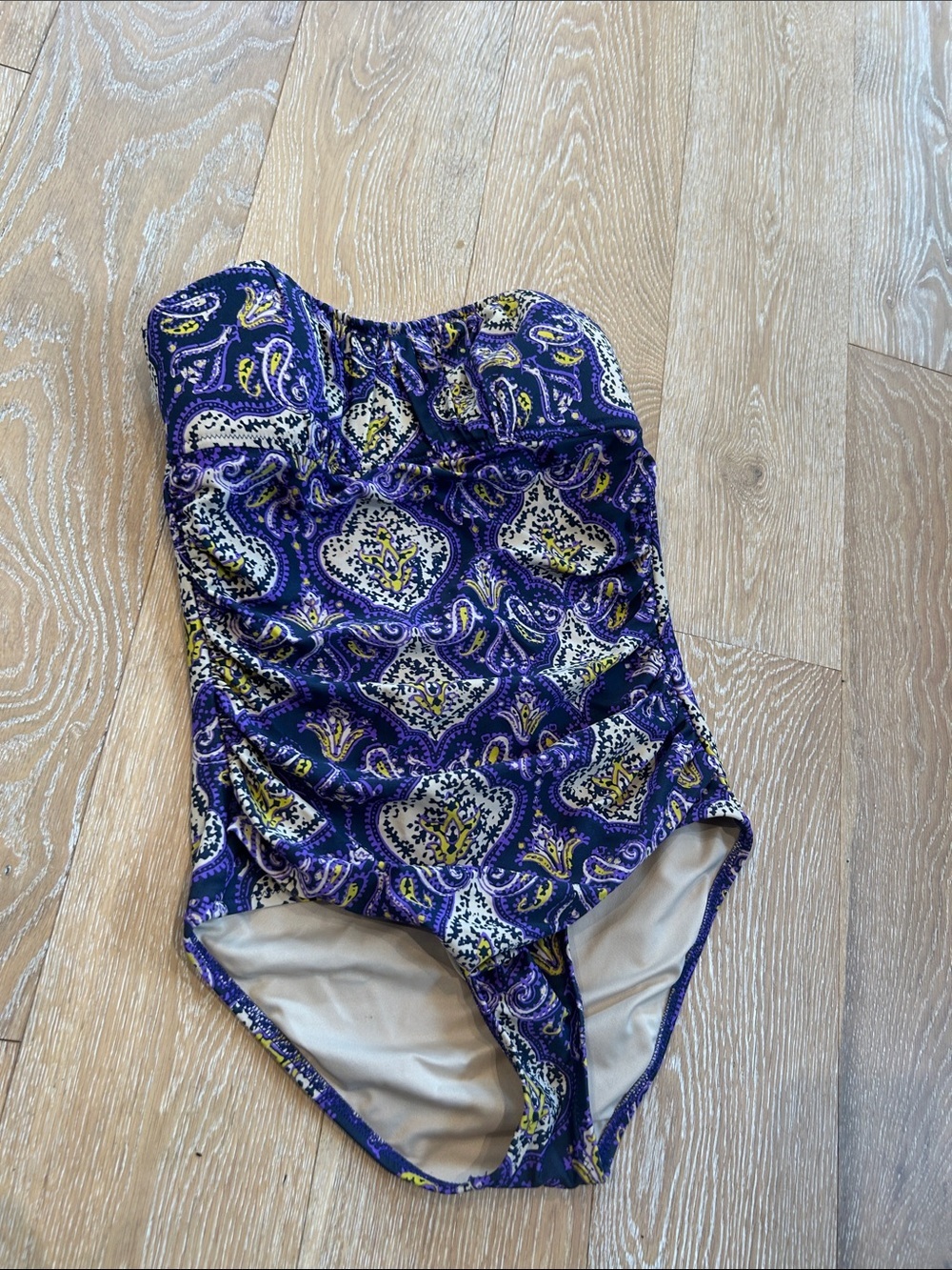 J. Crew Purple and Yellow Paisley Strapless One piece Swimsuit Size 8
